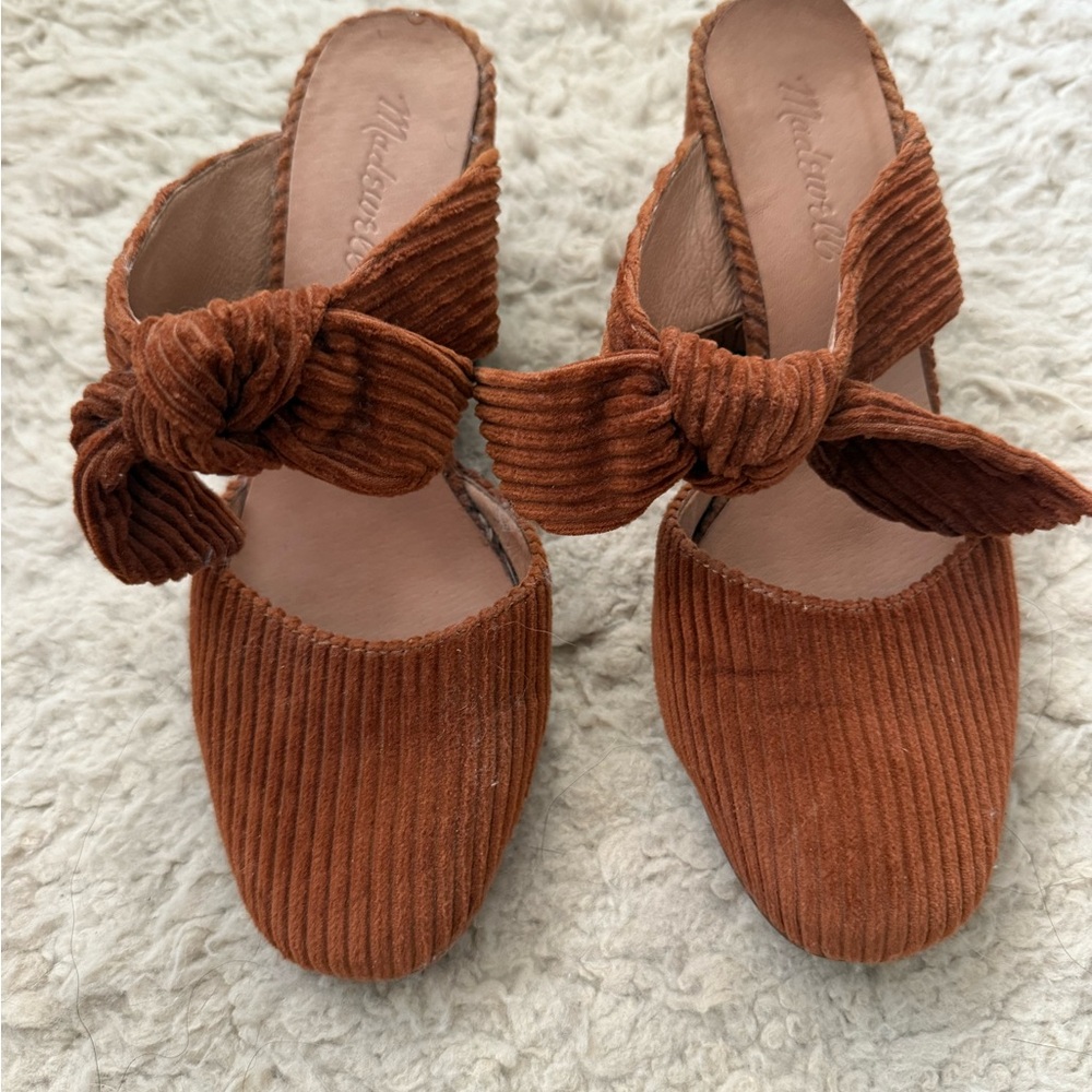 Madewell Corduroy Bow Mules in Rich Brown